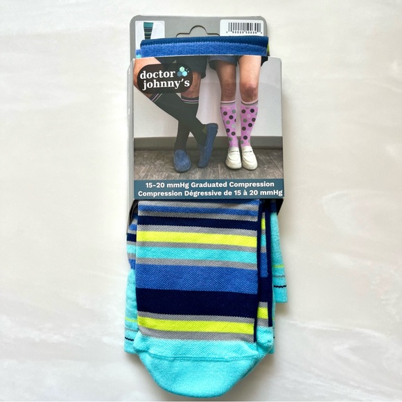 Doctor Johnny's Stripe Navy + Teal Cotton Compression Socks - Picture 2 of 5